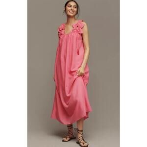 New FARM Rio Pink Maxi Dress Flower Straps Vacation Backless Colorful XL